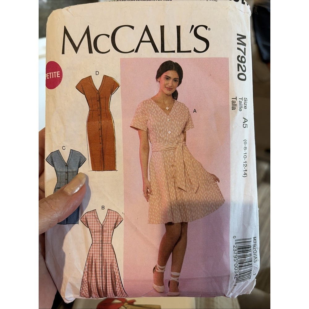 McCalls M7920 Dress Sewing Pattern V-Neck Button Front Size 14 Cut Complete